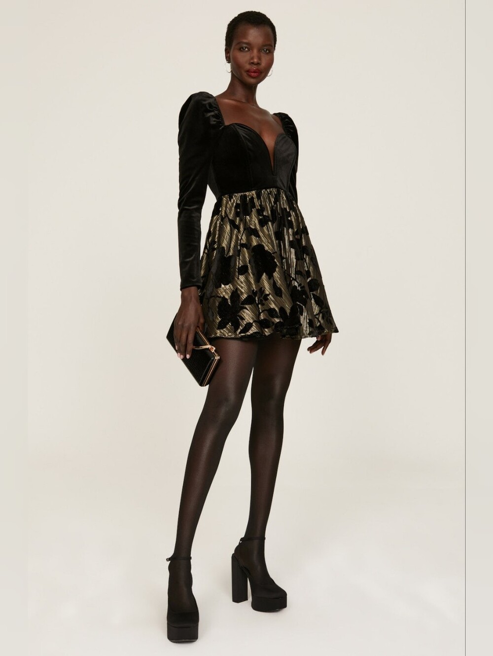 RTR Ashley Park Encore Velvet Mini Dress Black Gold Floral Plunging Neck Sz 4